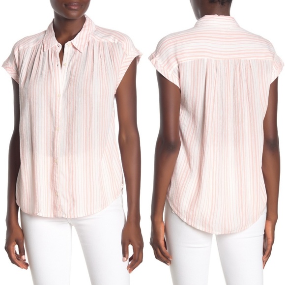 SALE Lucky Brand Coral Stripe Button Up Shirt - Picture 7 of 8